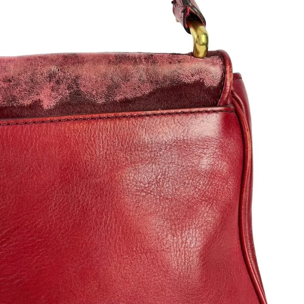 Fossil Womens Red Calf Hair Fur Crossbody Genuine Leather Purse Shoulder Bag